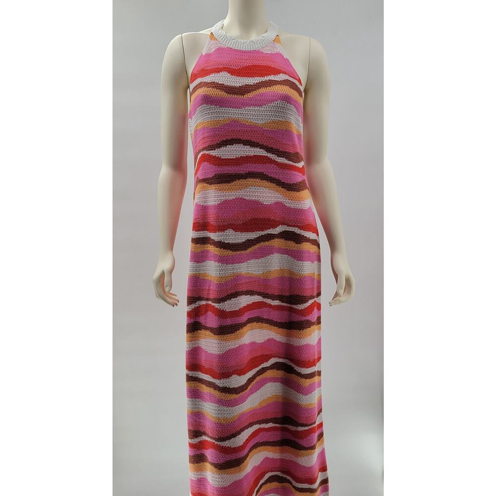LOFT Crochet Halter Maxi Dress Womens M Pink Wavy Textured Tight Closed Knit